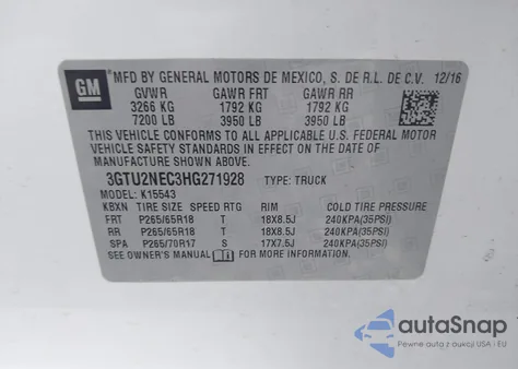 2017 GMC Sierra 1500 Slt from USA, damaged, VIN 3GTU2NEC3HG271928